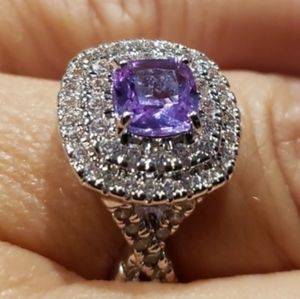 *BP #2466 - Amethyst & White Topaz (lab) Rhodium Size 7.25 Ring BRAND NEW
